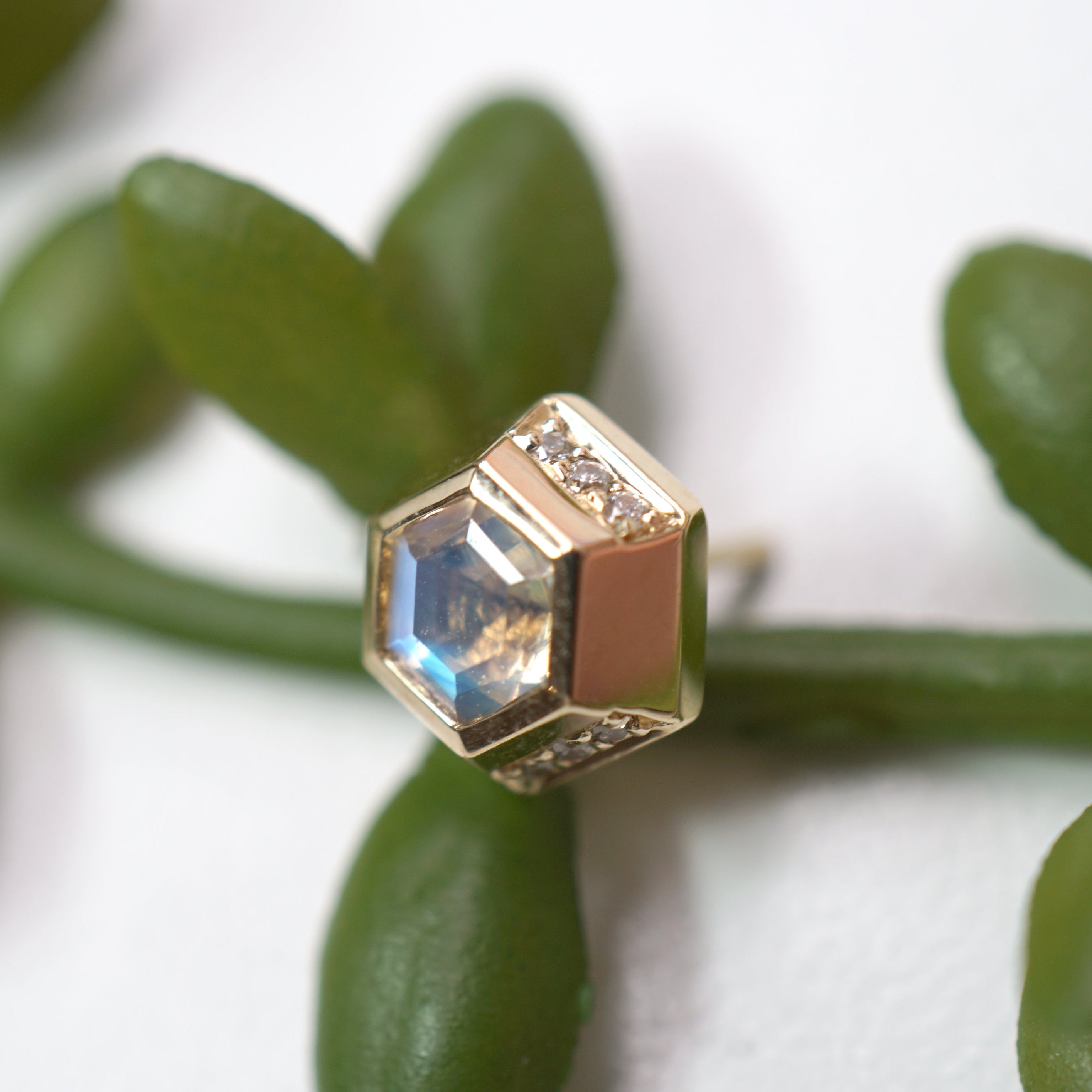 Hexagon Moonstone with Beveled Gold & Diamond Edge