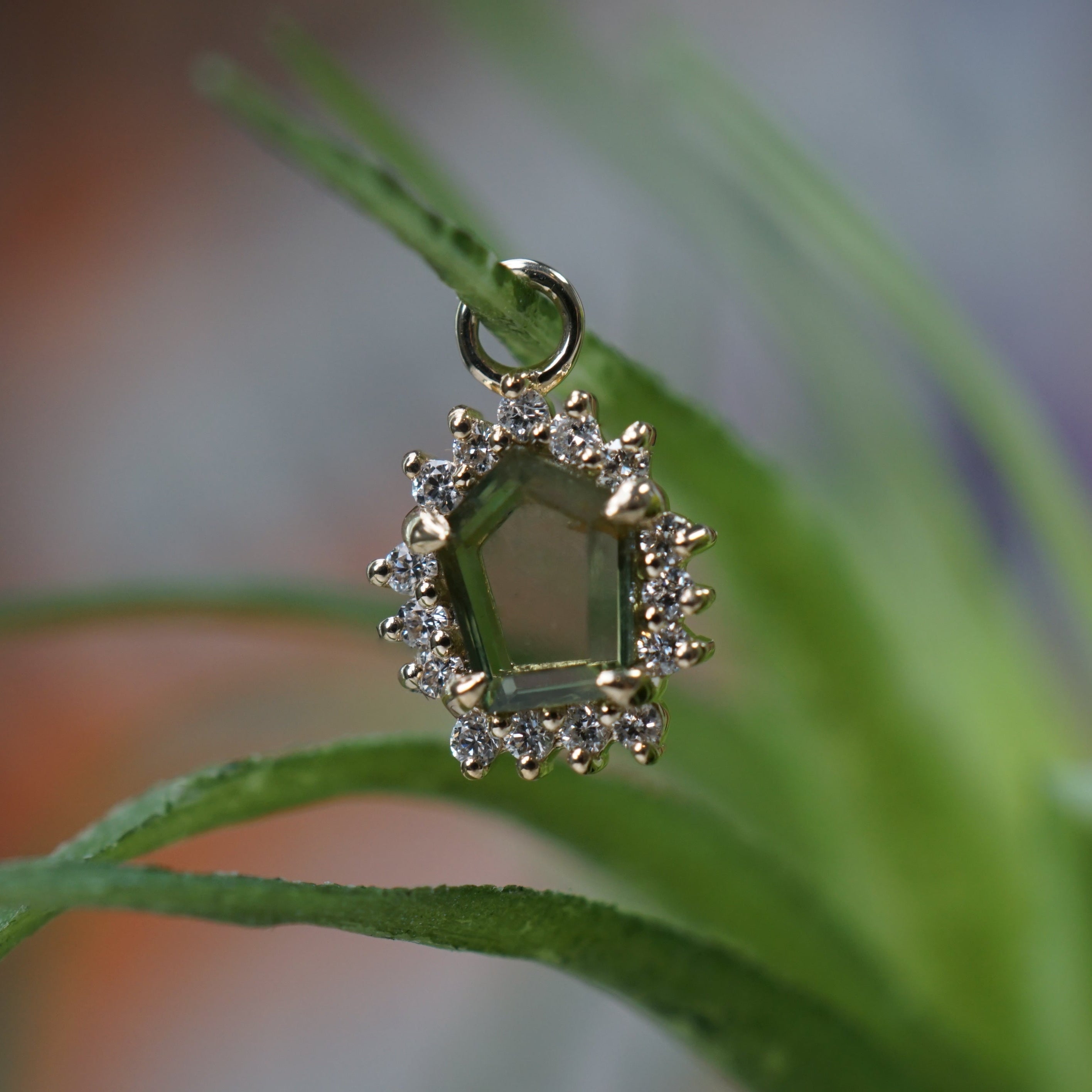 Greenish Blue Sapphire Charm with Diamond Halo Freeform One-Of-A-Kind