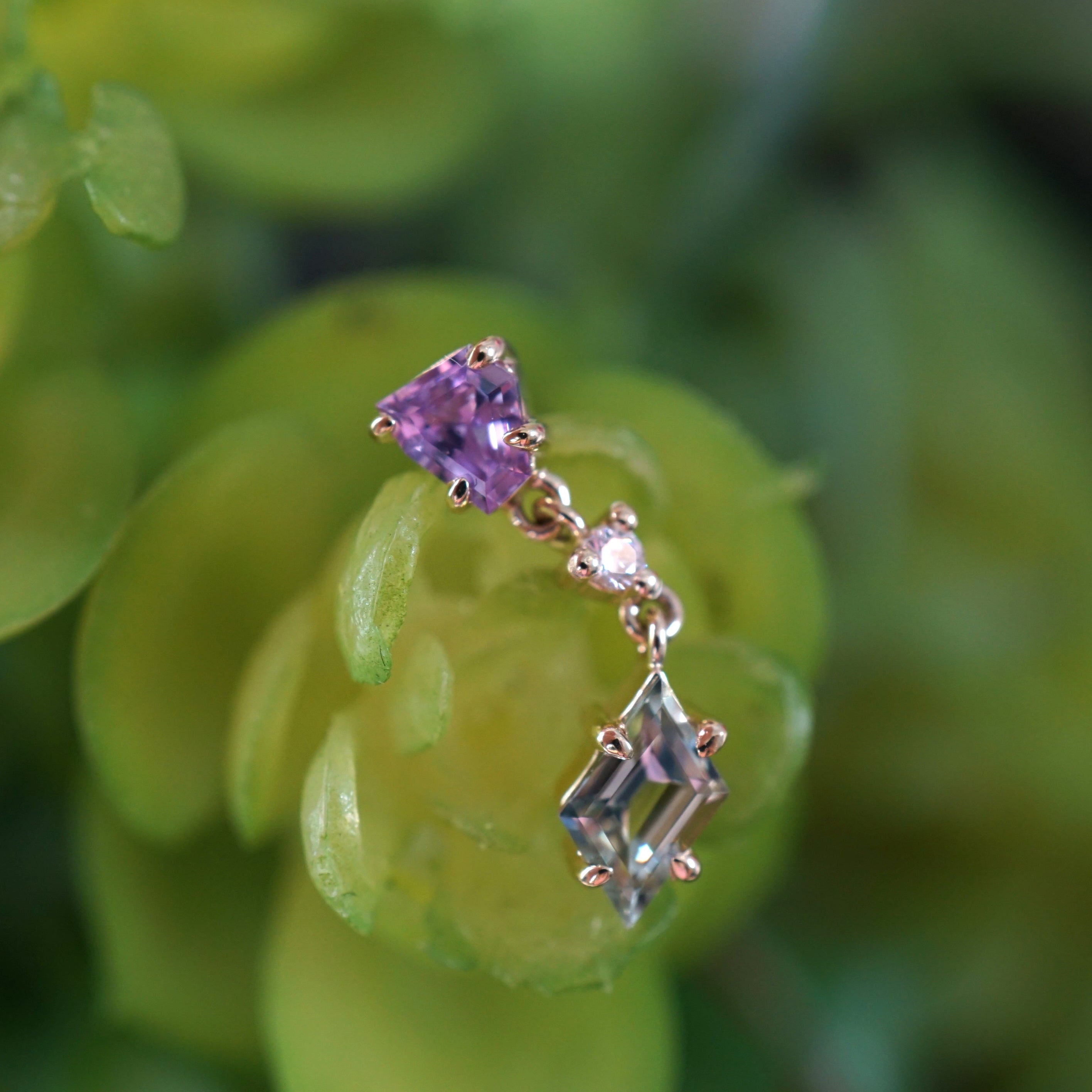 Claw Set Double Drop Faceted Sapphire With Diamond Middle Freeform One-Of-A-Kind