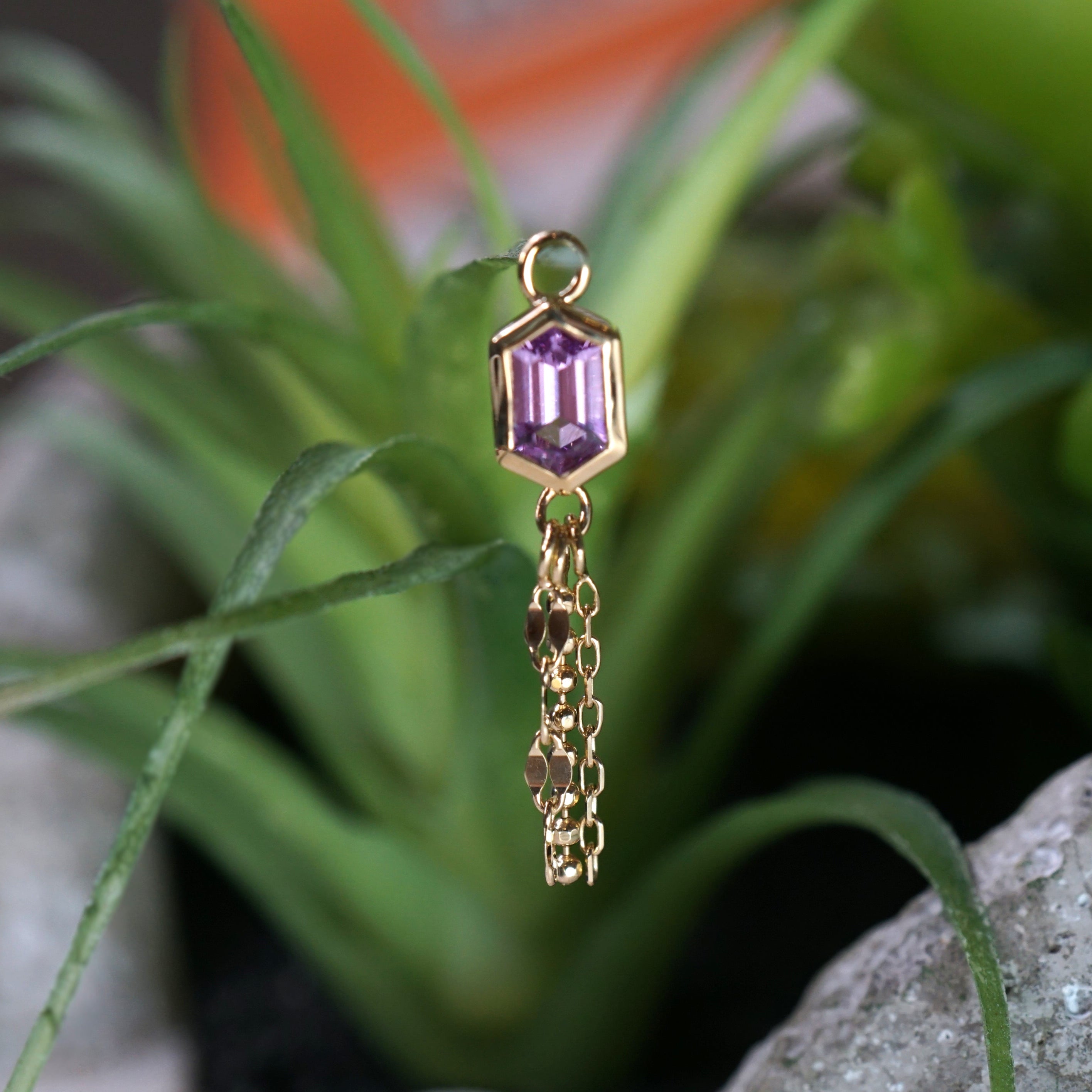 Bezel Set Elongated Hexagon Sapphire with 3 Mixed Chains Charm One-Of-A-Kind