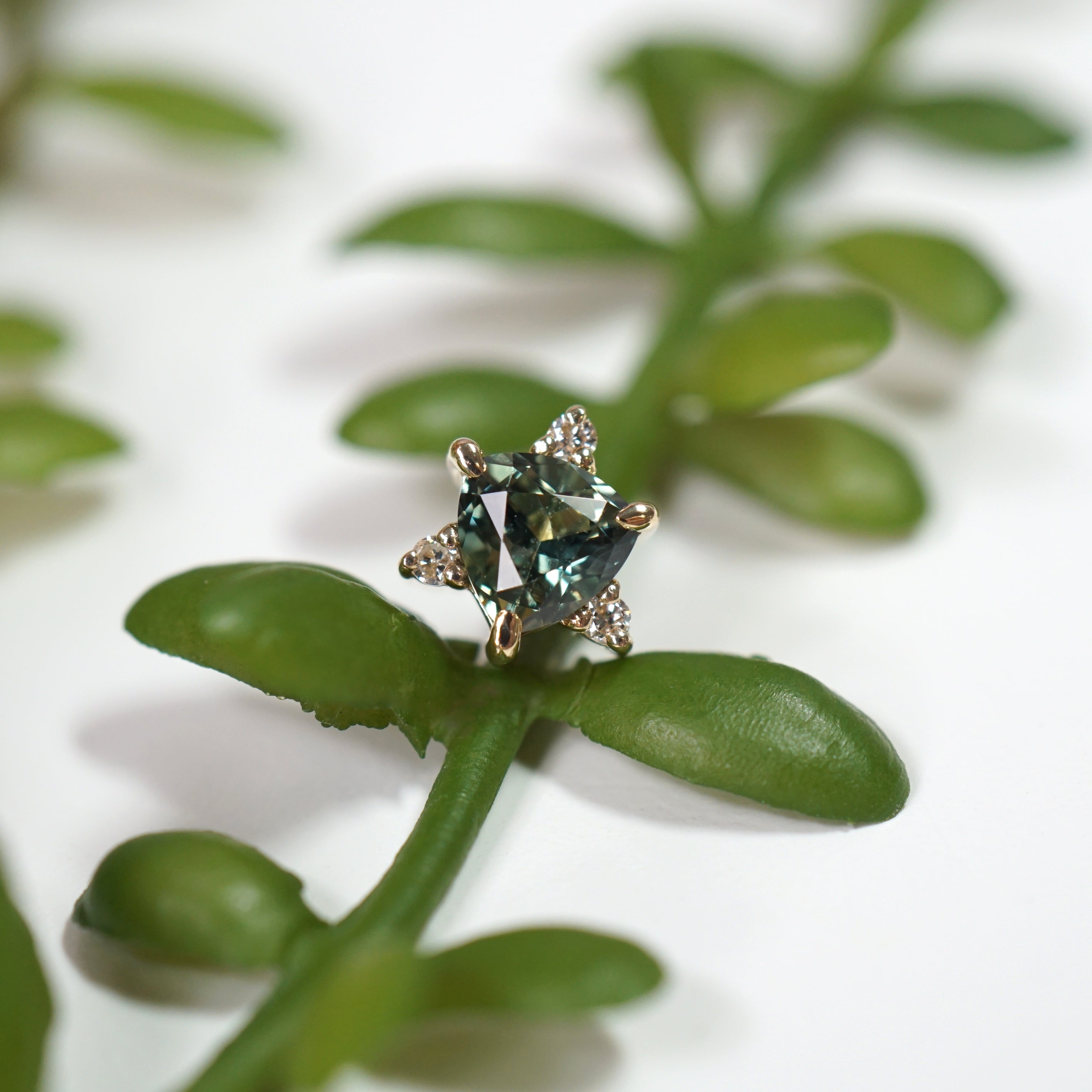 LE 2025 Greenish Blue Sapphire Trillion with 3 Diamond Accents