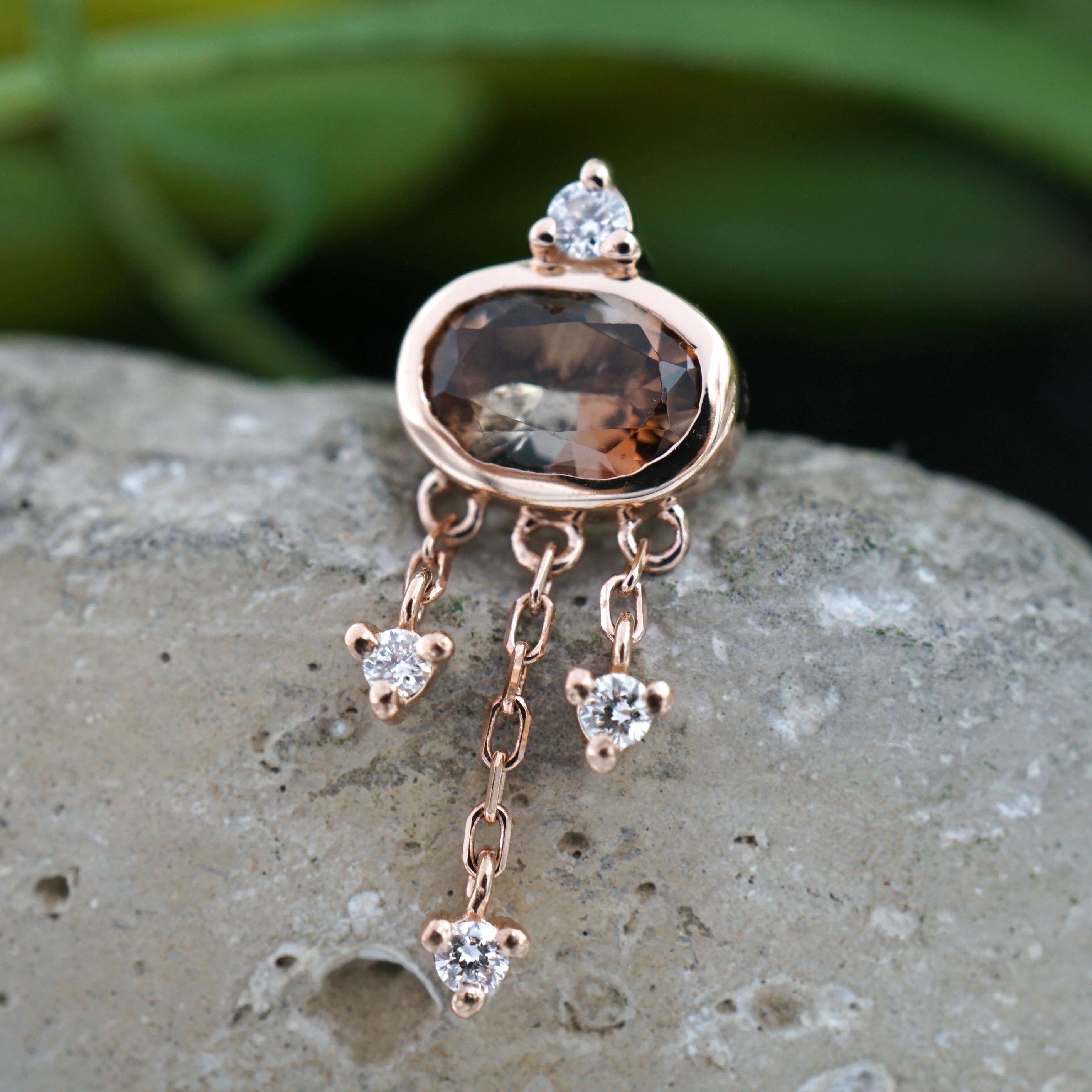 Bezel Set Faceted Oval Andalusite with 3 Diamond on Chain Dangles