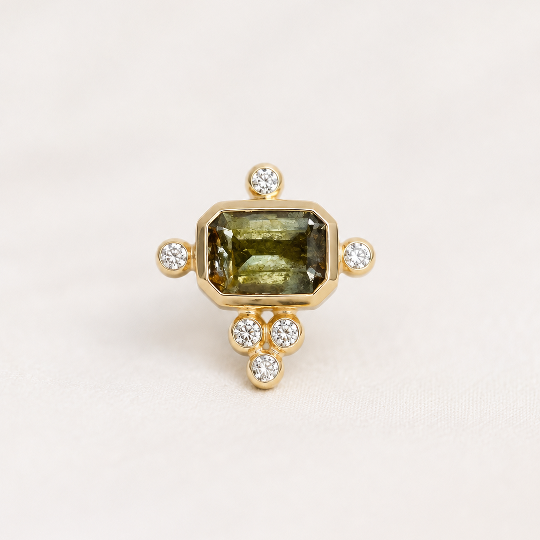 Bezel Set Emerald Cut Andalusite with Bezel Diamond Accents