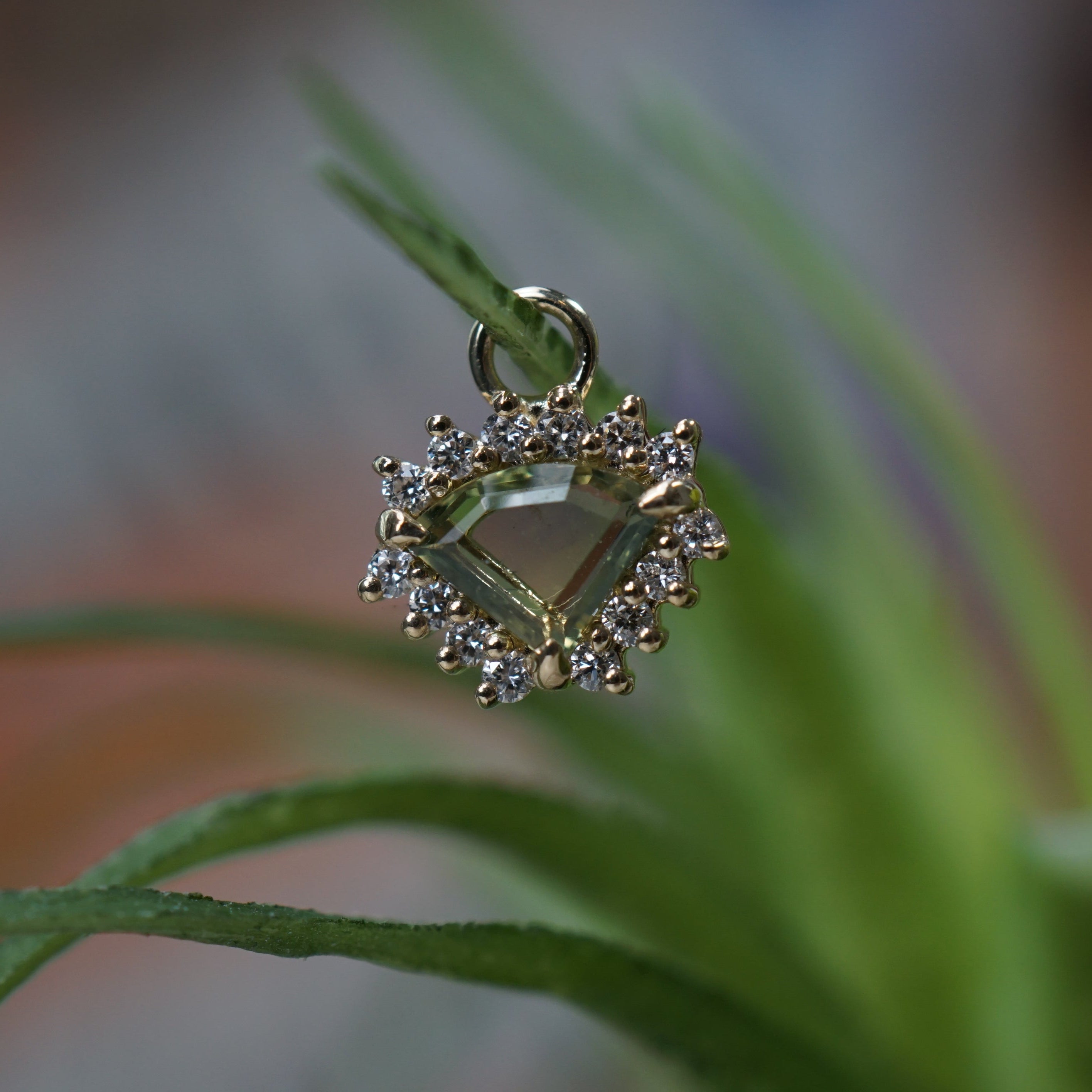 Greenish Blue Sapphire Charm with Diamond Halo Freeform One-Of-A-Kind