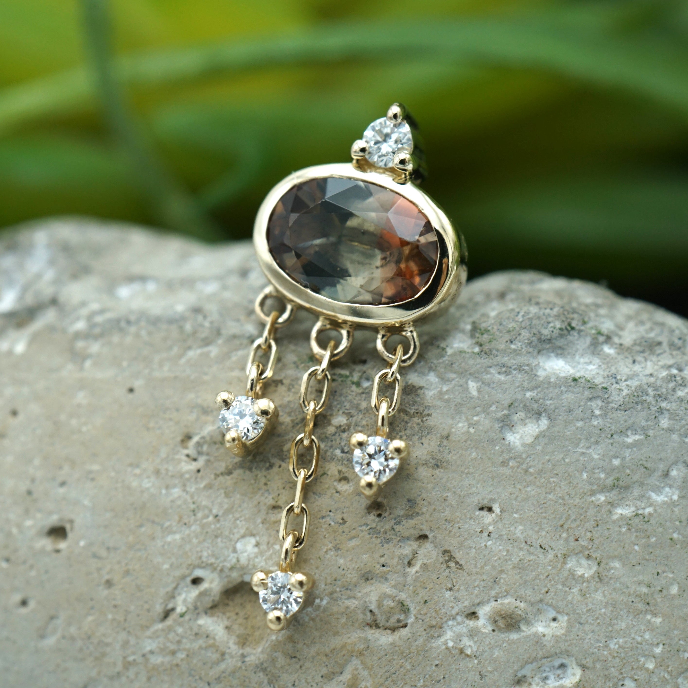 Bezel Set Faceted Oval Andalusite with 3 Diamond on Chain Dangles