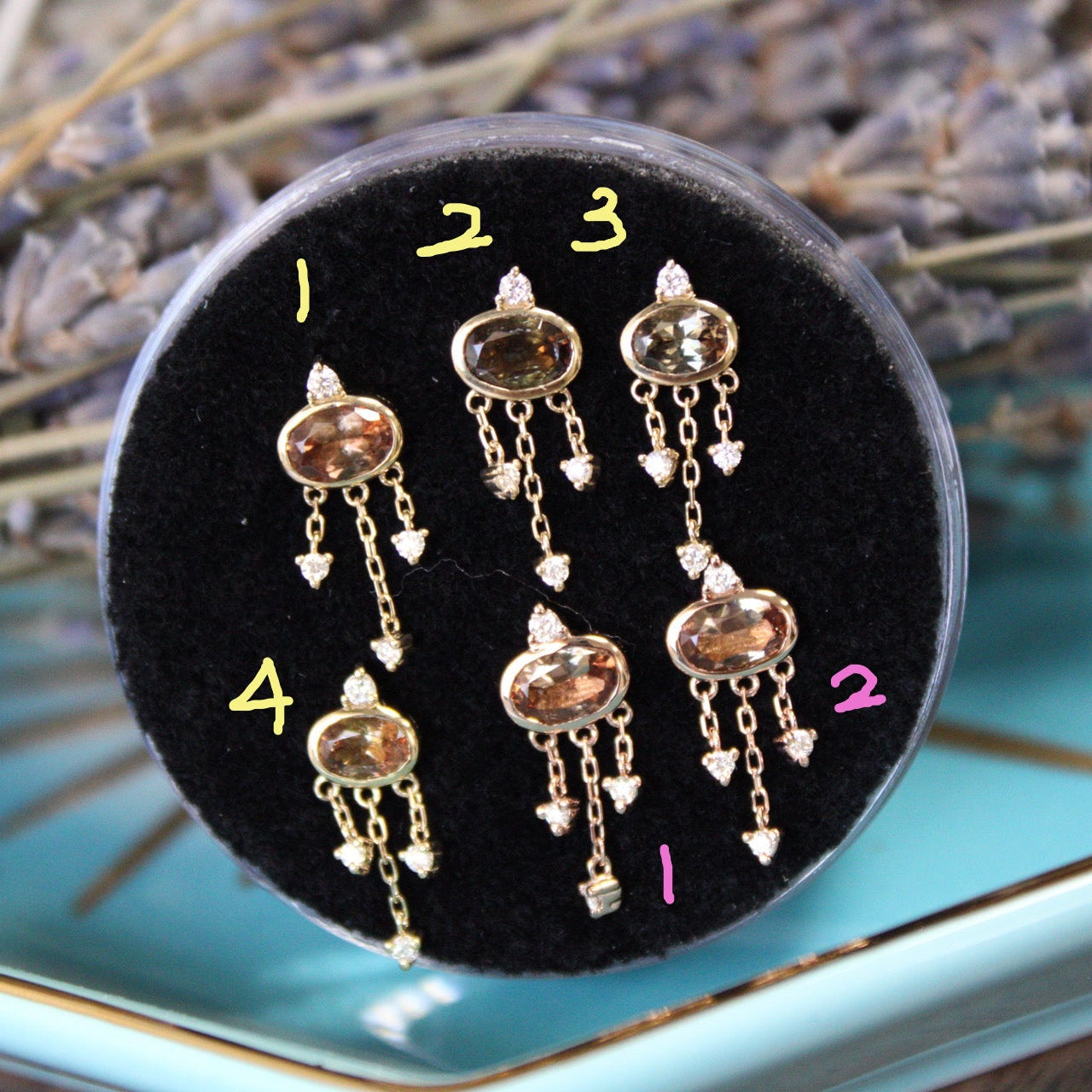 Bezel Set Faceted Oval Andalusite with 3 Diamond on Chain Dangles