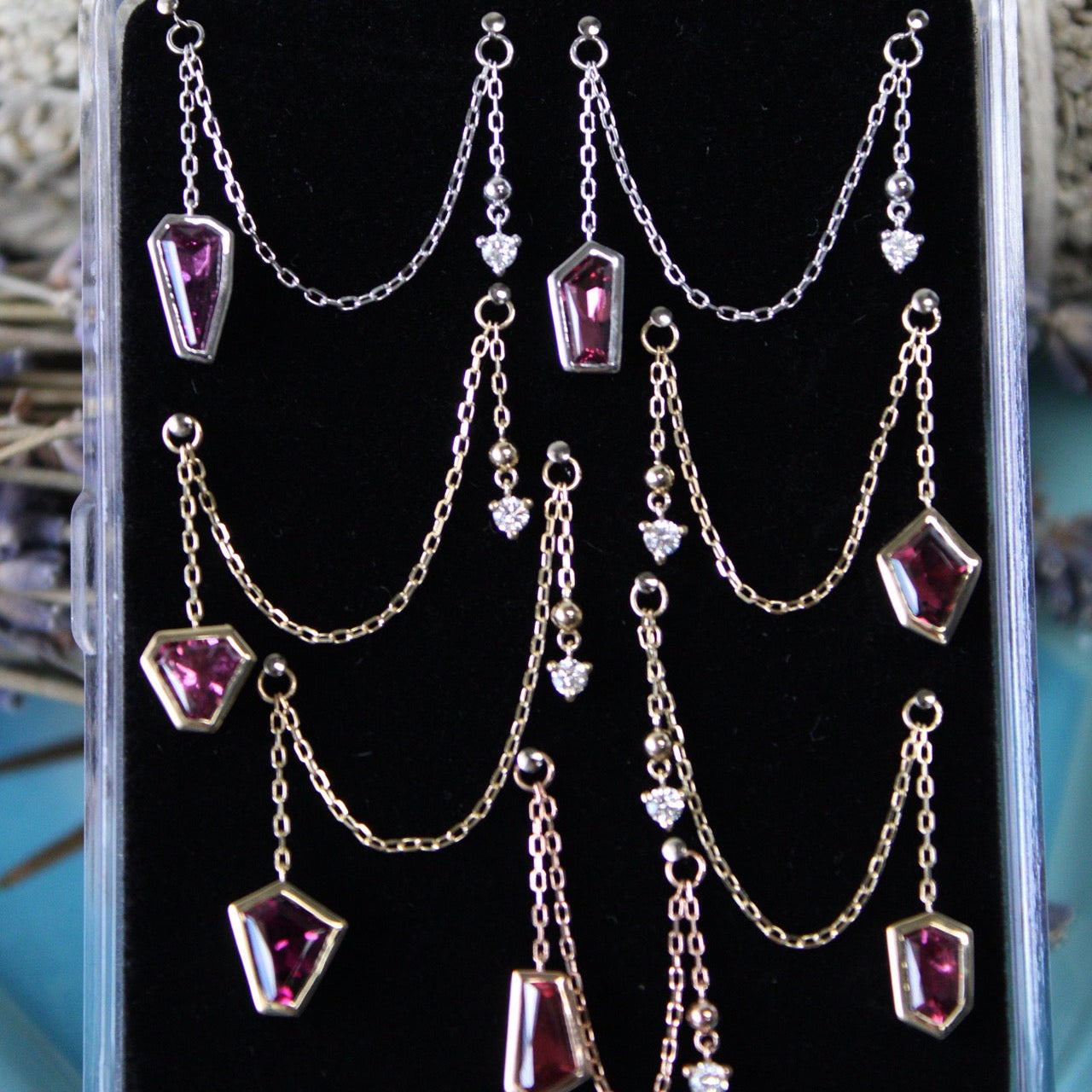 Faceted Freeform Rhodolite Garnet, Diamond and Bead Chain